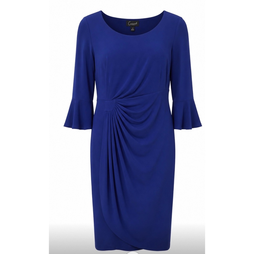 Elegant Connected Royal Blue Ruched‎ Bell Sleeve Sheath Dres Size 14